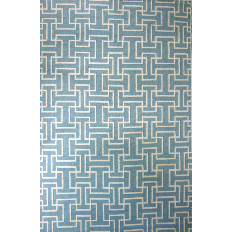 Tapis décoratif en laine gris/bleu tissé à la main à motif géométrique Buster, Rectangle 8 pi x 11 pi