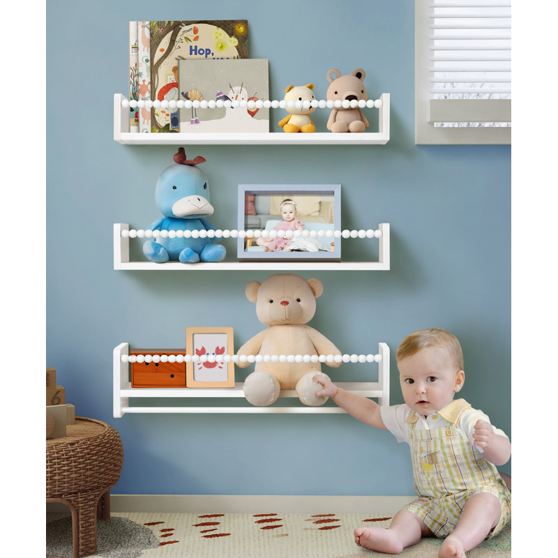 Natural Wood Nursery Floating Shelves Set of 3 with Towel Bar 23in Wall Mounted Organiser for Child's Room, White