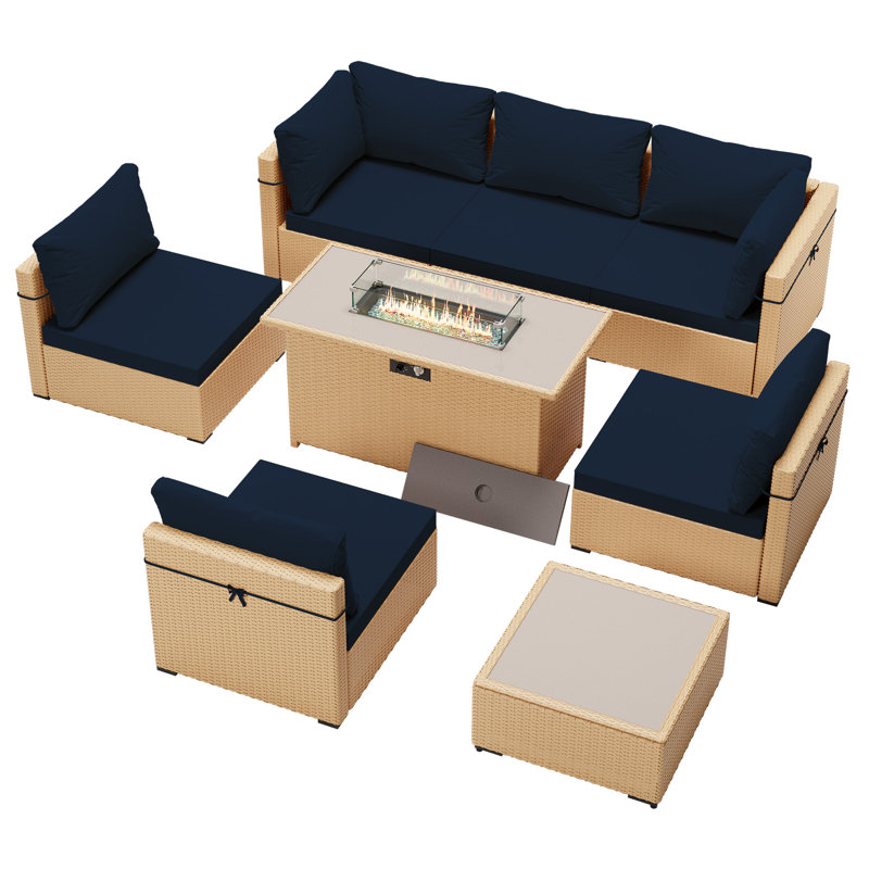 Ensemble de conversation d'extérieur en osier pour 6 personnes avec table de foyer, table basse et couvercle en verre Filora