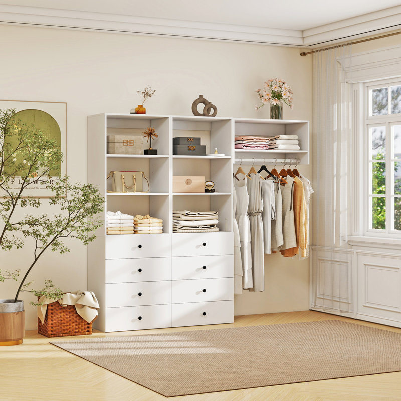 Système d'organisation modulaire blanc avec rangement à 7 tablettes et 8 tiroirs