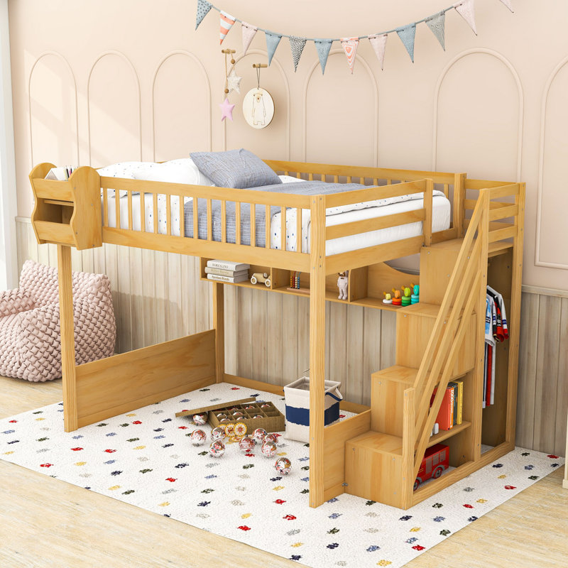 Grand lit mezzanine avec armoire intégrée et tablettes de rangement, Naturel