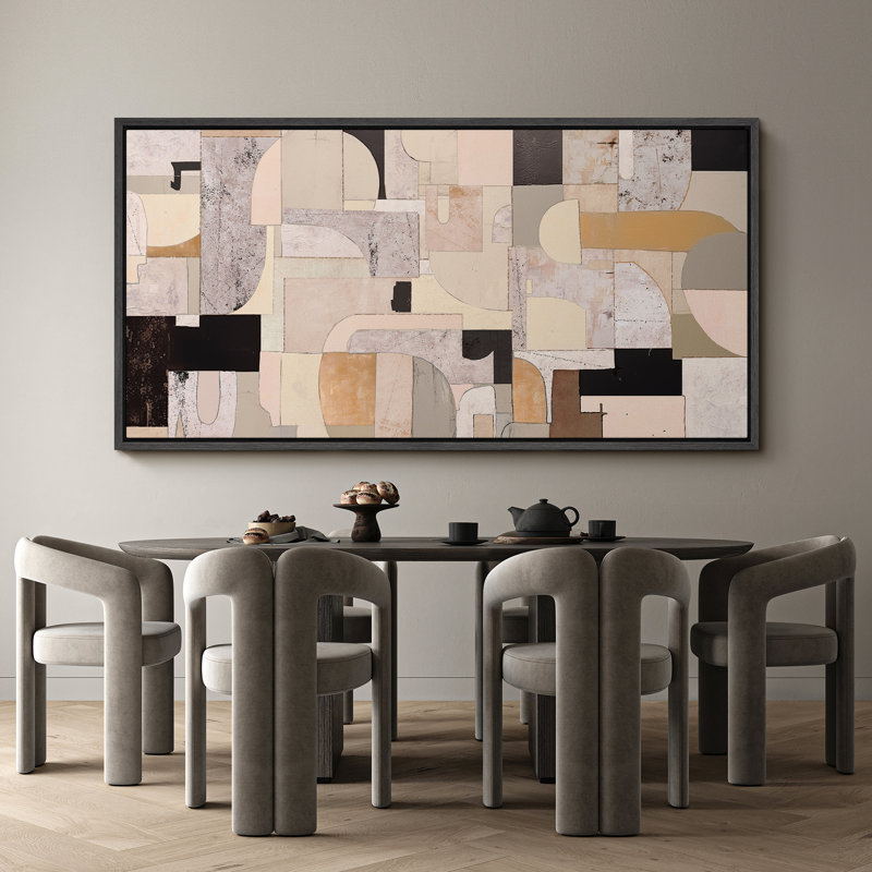 Collage architectural abstrait de style Mid-Century, H 30 po x l 60 po, Noir, noir, noir, noir
