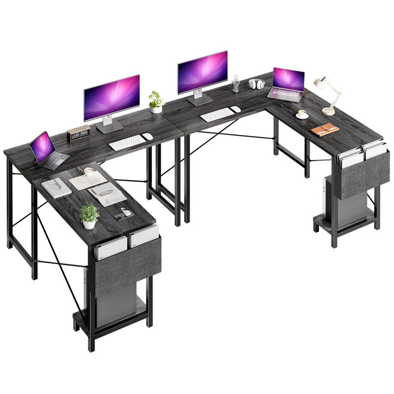 L-Shaped Computer Desk with Desk Monitor Stand and Side Storage Bag, Gray