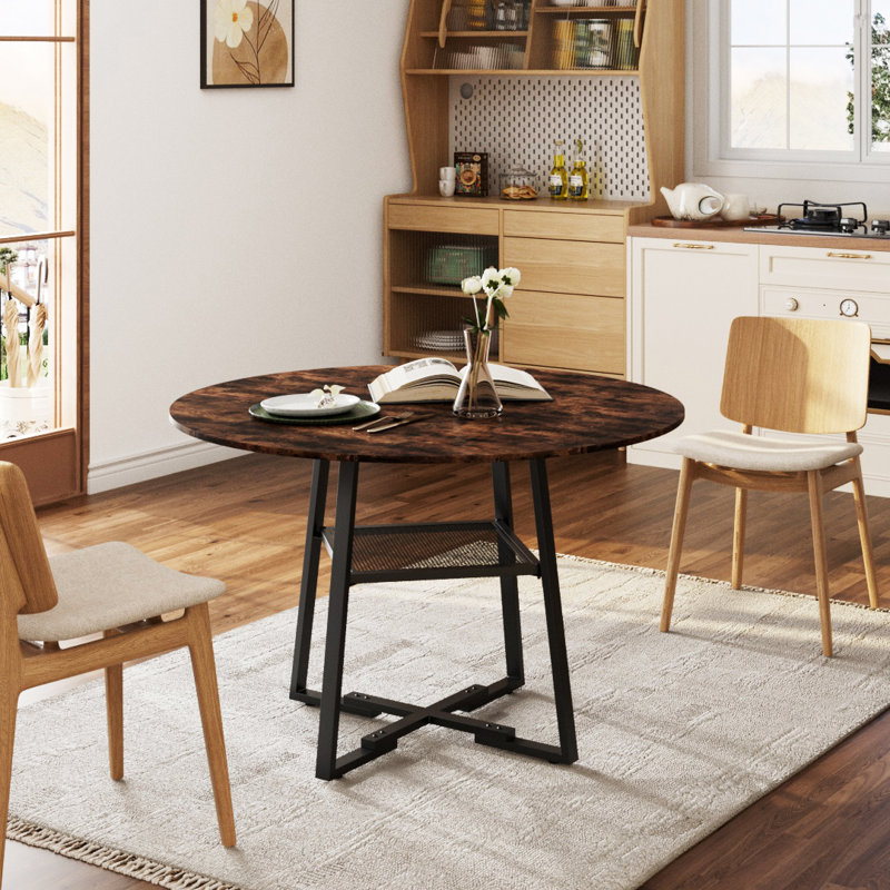 Round Metal Base Dining Table, Brown, Black