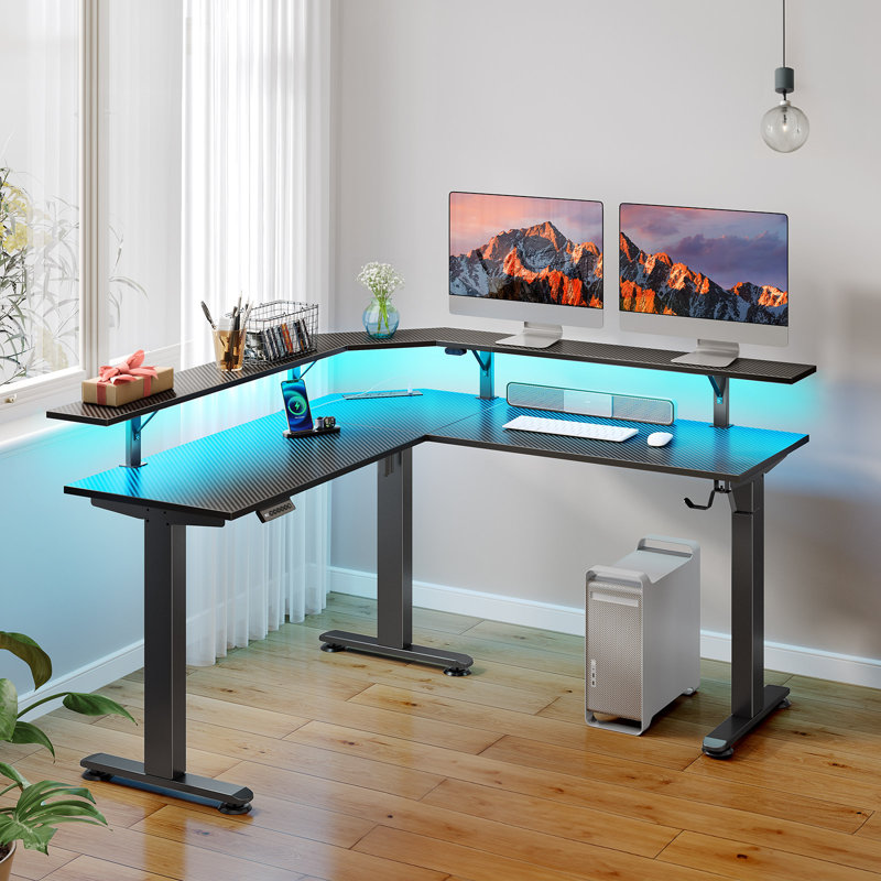 Standing Desk L Shaped with LED Light and Power Outlet, Electric Height Adjustable Computer Office Desk Sit Stand Up with Monitor Stand