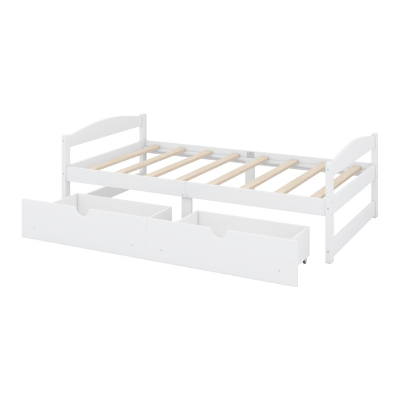 Structure de lit plateforme simple avec 2 tiroirs de rangement, sommier avec support en lattes de bois, tête de lit / pied de lit bas / rangement sous le lit / pas de sommier nécessaire / taille simple blanc