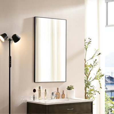 Miroir mural brillant en métal noir brillant, 60 x 22 pouces, image claire, sécuritaire et facile à installer, miroir de meuble-lavabo carré horizontal vertical de 60 x 22 pouces pour salle de bain, verre, alliage de rouille