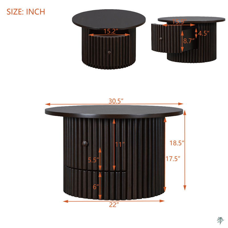 Round Coffee Table With A Drawer, Vertical Slat Base, Espresso