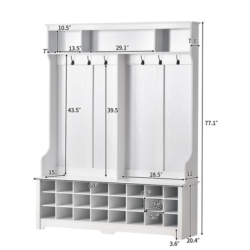 ON-TREND Modern Style Multiple Functions Hallway Coat Rack with Metal Black Hooks, Entryway Bench 60" Wide Hall Tree with Ample Storage Space and 24 Shoe Cubbies , White