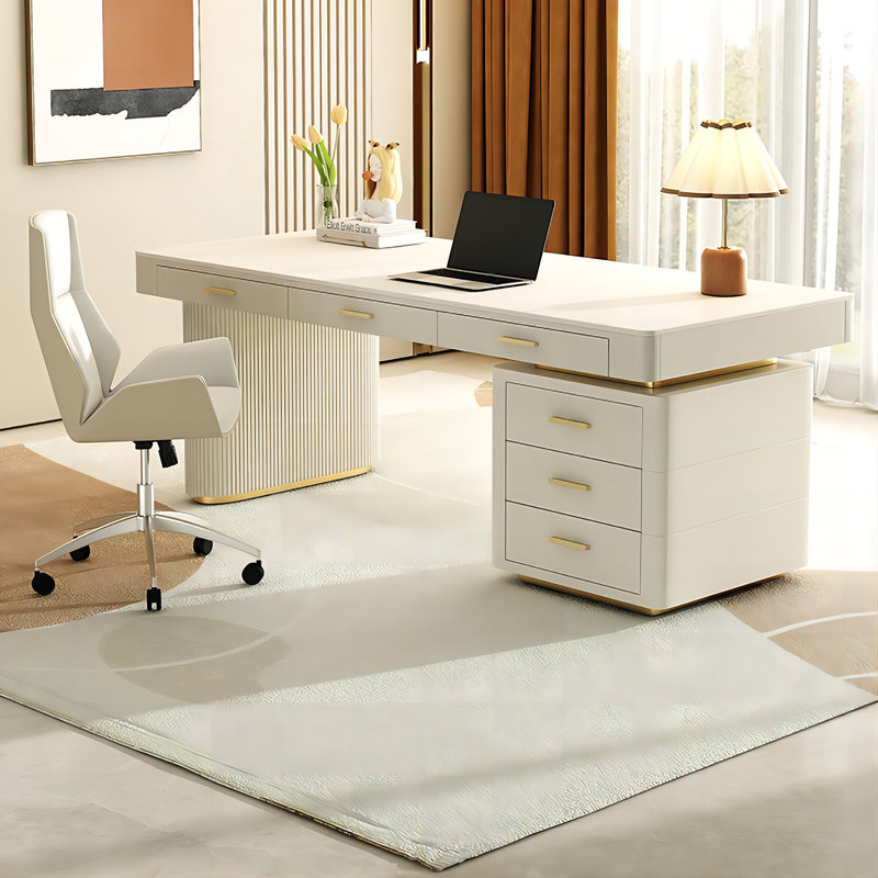Modern Minimalist Cream Style Rectangular Sintered Stone Office Desk, 29.53" H x 55.12" W x 27.56" D