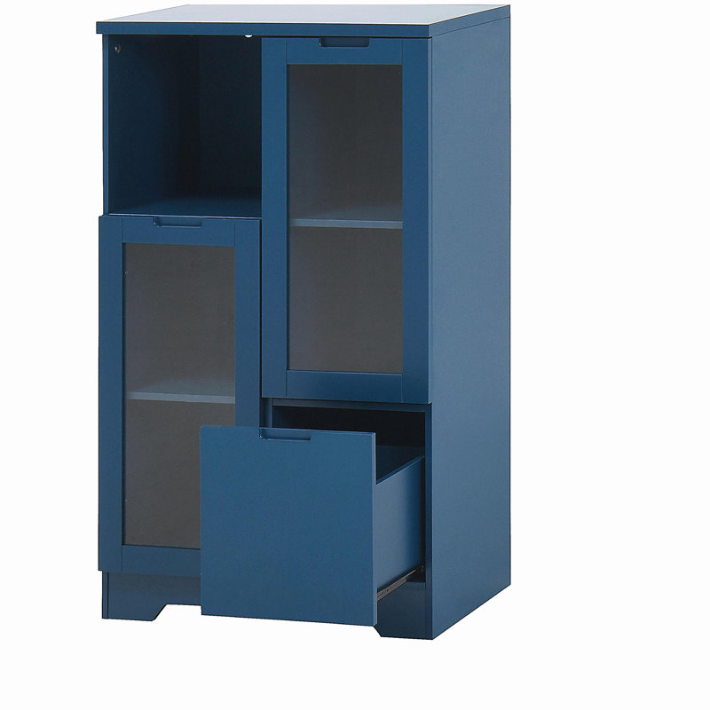 Armoire peinte en panneau de fibres à densité moyenne avec portes et tiroir en verre, espace de rangement ouvert, Bleu