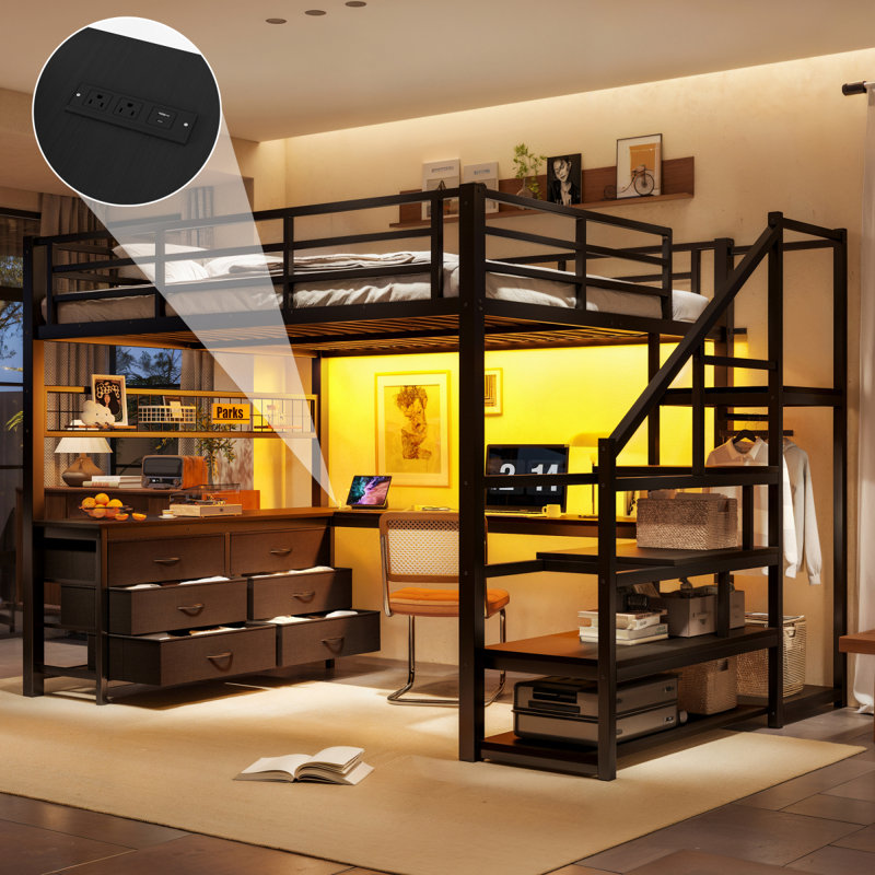 Grand lit mezzanine avec bureau, lit mezzanine avec tiroirs et escalier de rangement, structure de lit mezzanine en métal robuste pour les adolescents et les adultes, mobilier de chambre multifonctionnel tout-en-un, noir