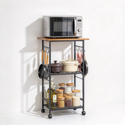 3 Tier Wheeled Microwave Stand Rack, Adjustable Shelf Storage Organizer for Kitchen Coffee Bar, Balcony, Office & Living Room