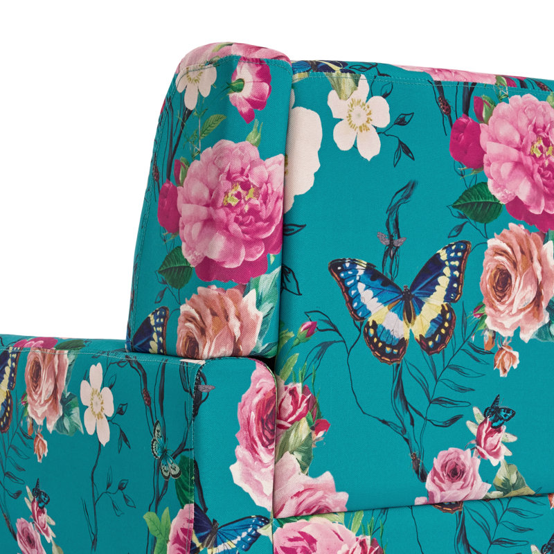 Stephanny 27.5" Wide Tufted Armchair with Solid Wood Legs, Blue/Pink Floral Linen Blend