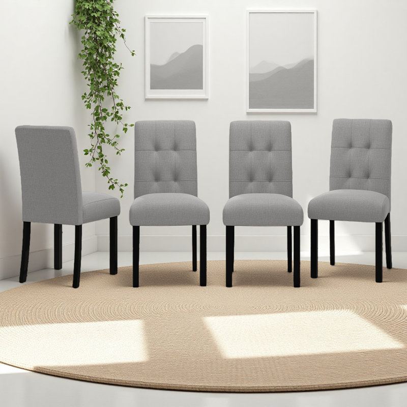 Chaise de salle à manger 4 pièces en lin rustique rembourrée avec pieds en bois d'hévéa, Gris