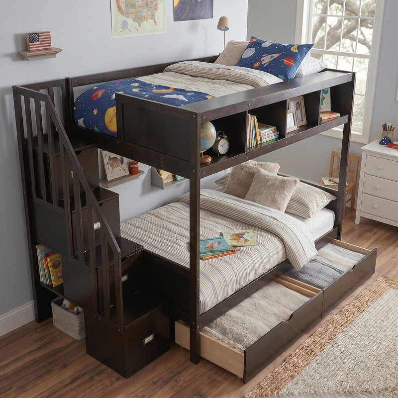 Lit superposé simple au-dessus d'un lit double espresso avec tablettes, escalier de rangement et 2 tiroirs, conception entièrement sécuritaire et fabrication en pin massif, escalier de rangement massif à 4 marches