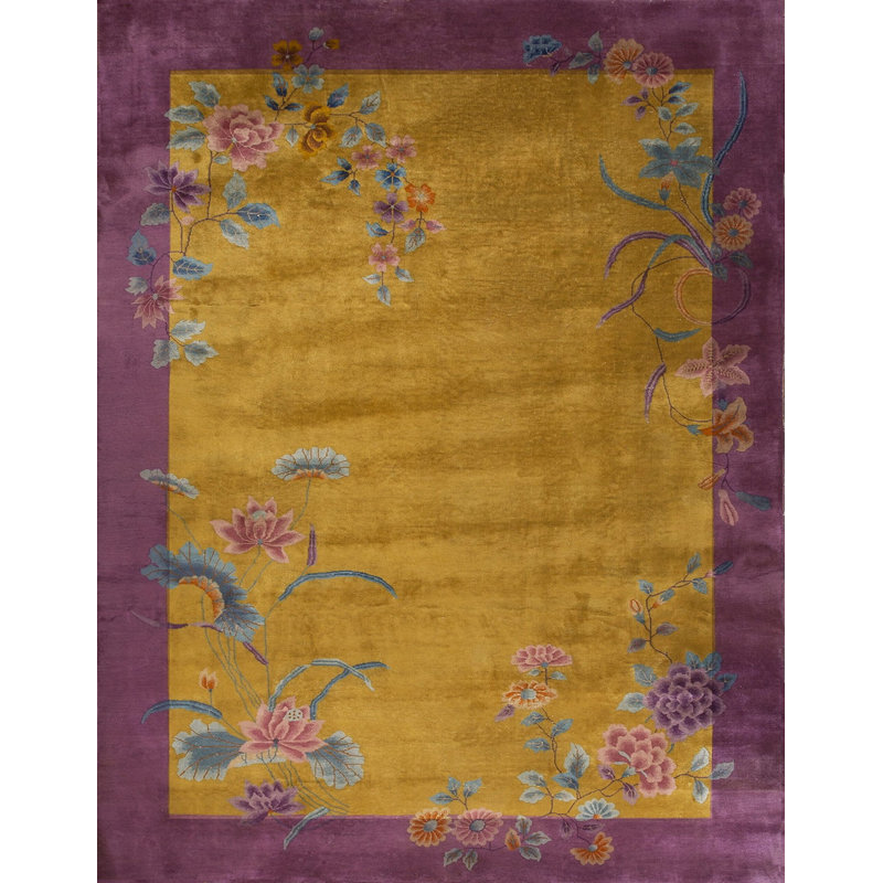 Antique Chinese Art Deco Room Size Wool Yellow Rug