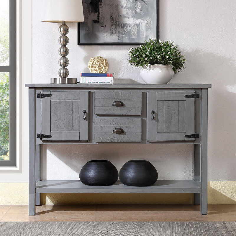 Routenberg Wood Storage Console Table with  2 Drawers and Cabinets and Bottom Shelf, Antique Gray