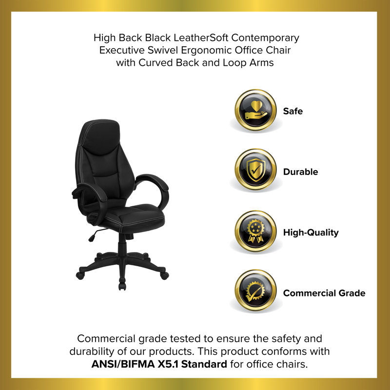 ErgoExecutive High Back Black LeatherSoft Swivel Chair with White Stitching