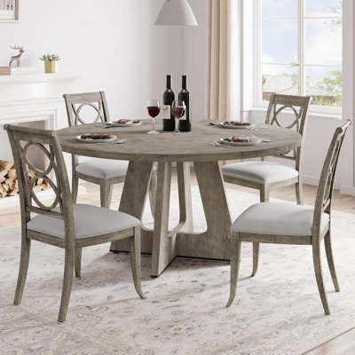 47 Inch Round Dining Table for 4-6 People, Circle Dinner Table with Wooden Cross Pedestal Base, Farmhouse Kitchen Furniture for Dining Room, Living Room, Kitchen (Table Only) - Grey