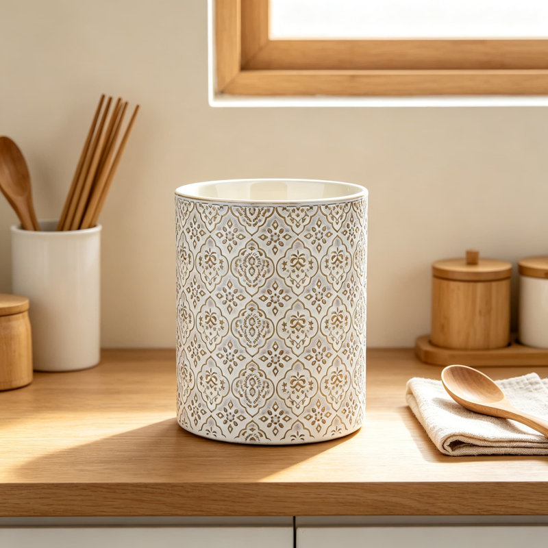 Porte-ustensiles de cuisine, grand pot à ustensiles en céramique pour comptoir, motif en relief, finition blanche réactive, organisateur profond et stable pour les ustensiles de cuisine, va au lave-vaisselle