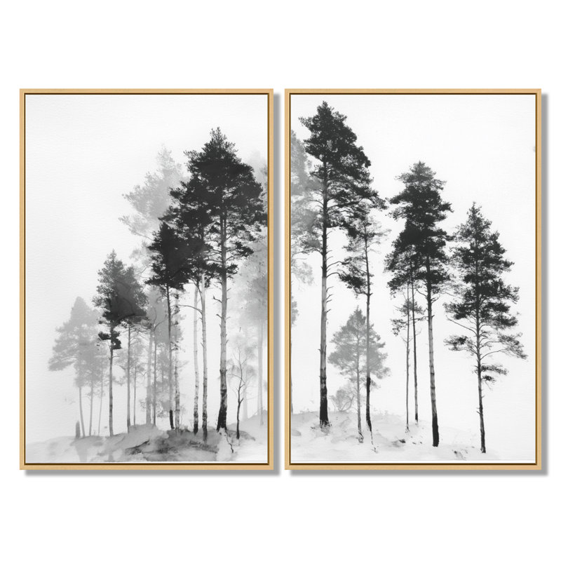 «Black and White Tall Pine Tree Forest», art sur toile de pin, art mural nature noir 2 pièces, H 36 po x l 48 po, Crème