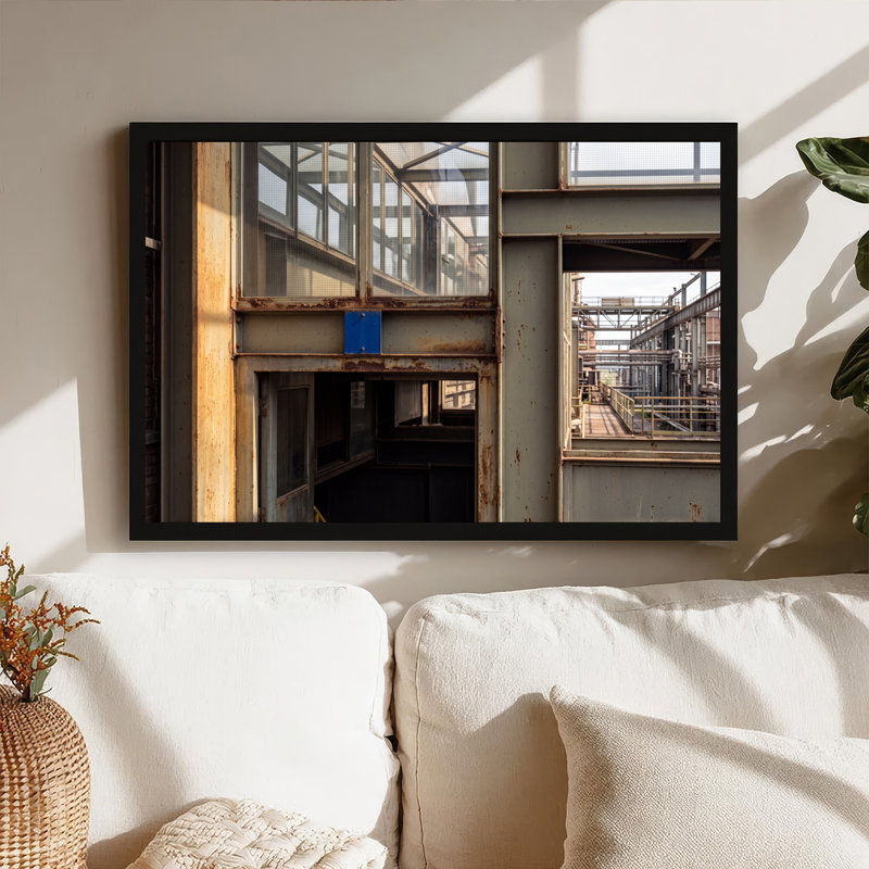 Tableau mural en toile carrée bleue avec cadre en acier industriel gris rouille et panneau carré en acier, 12"H x 18"W