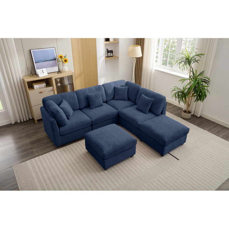 Canapé modulaire en velours côtelé 6 pièces avec 2 repose-pieds et coussins pour accoudoirs, canapé convertible en forme de U / L, tissu adapté aux animaux de compagnie
