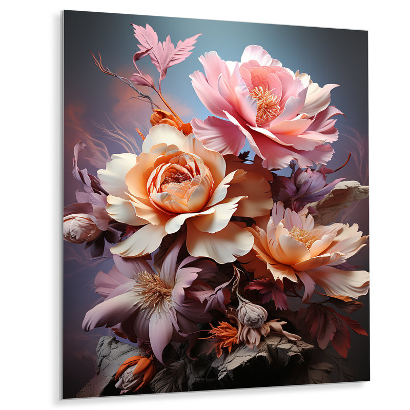 Dahlia rose et orange rétro gros plan - art mural Dahlia, Métal métal, H 20 po x l 12 po x P 1 po