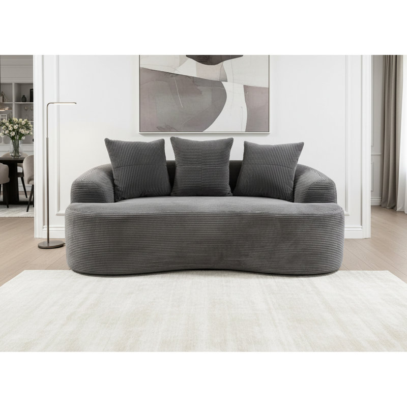 Canapé incurvé de 164 cm avec coussins à ressorts ensachés, velours côtelé gris, 3 coussins décoratifs, compact pour les petites pièces, aucun assemblage requis, velours côtelé, option d'assise compacte, nécessaire