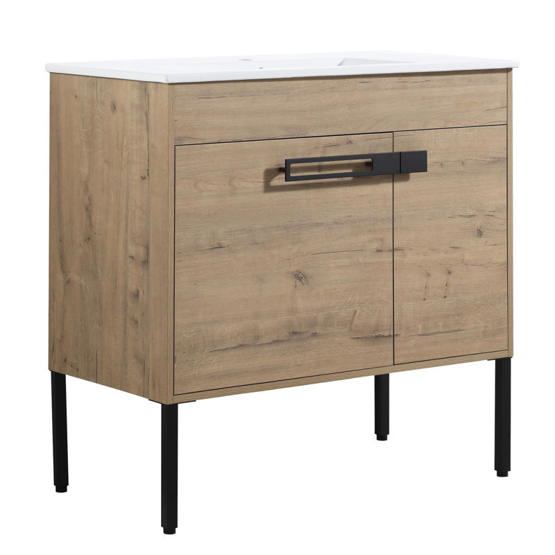 Meuble-lavabo 36 po - Armoire à deux portes et humidité imitation bois de style moderne de style chêne de 36 po avec tablettes autoportantes ou en contreplaqué 2 portes