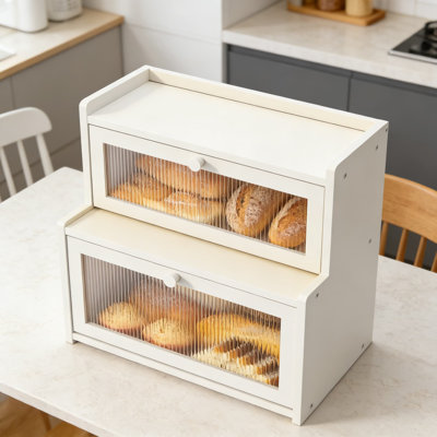 Boîte à pain double couche avec verre givré, organisateur de rangement de comptoir de grande capacité pour le pain, les fruits et les essentiels de cuisine