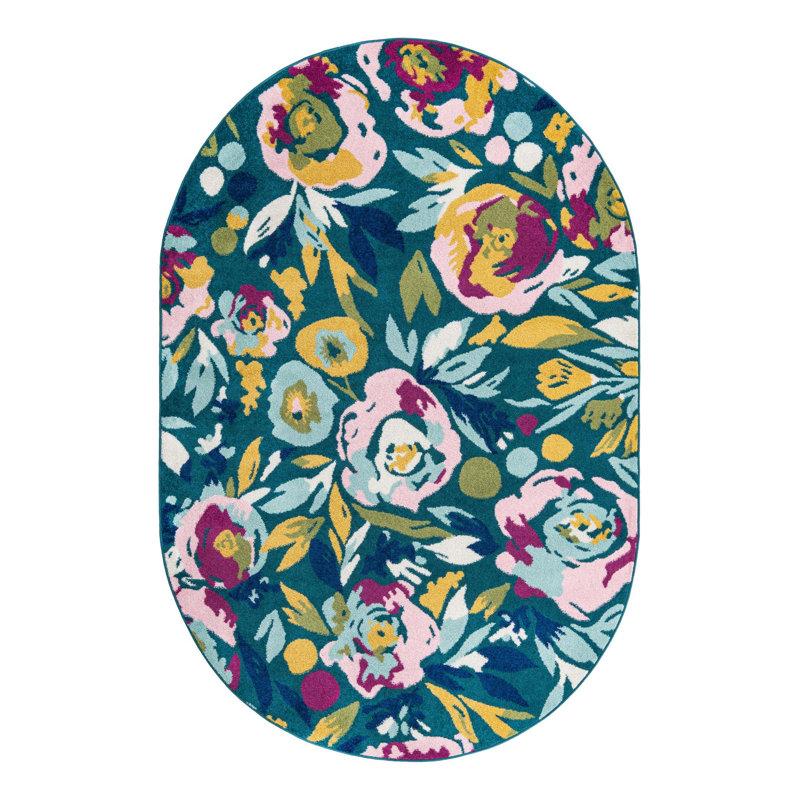 Holle Floral Area Rug, Oval 5'3" x 7'10", Teal/Yellow/Pink