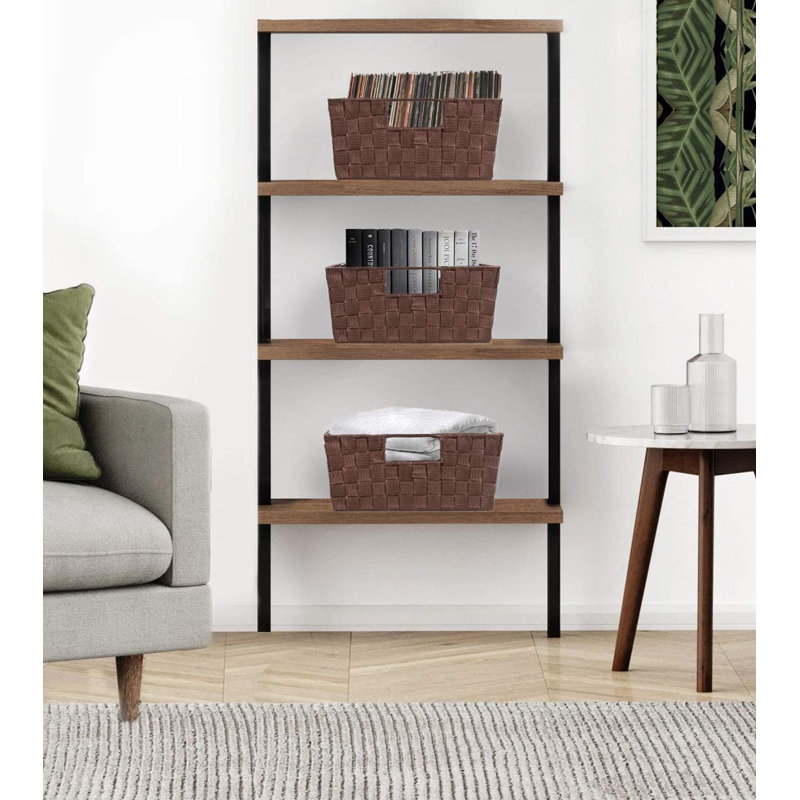 Woven Basket Bin Set - Shelf Storage Tote Baskets For Household Items - Stackable With Woven Straps & Built-in Carry Handles