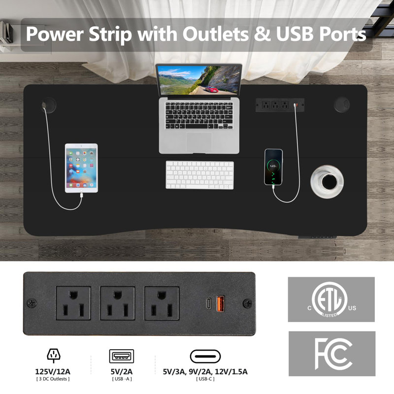 Meegan 63"  Electric Height Adjustable Standing Desk With 4 Casters And Charging Stations, 2 Hooks, Big Mouse Pad, Black