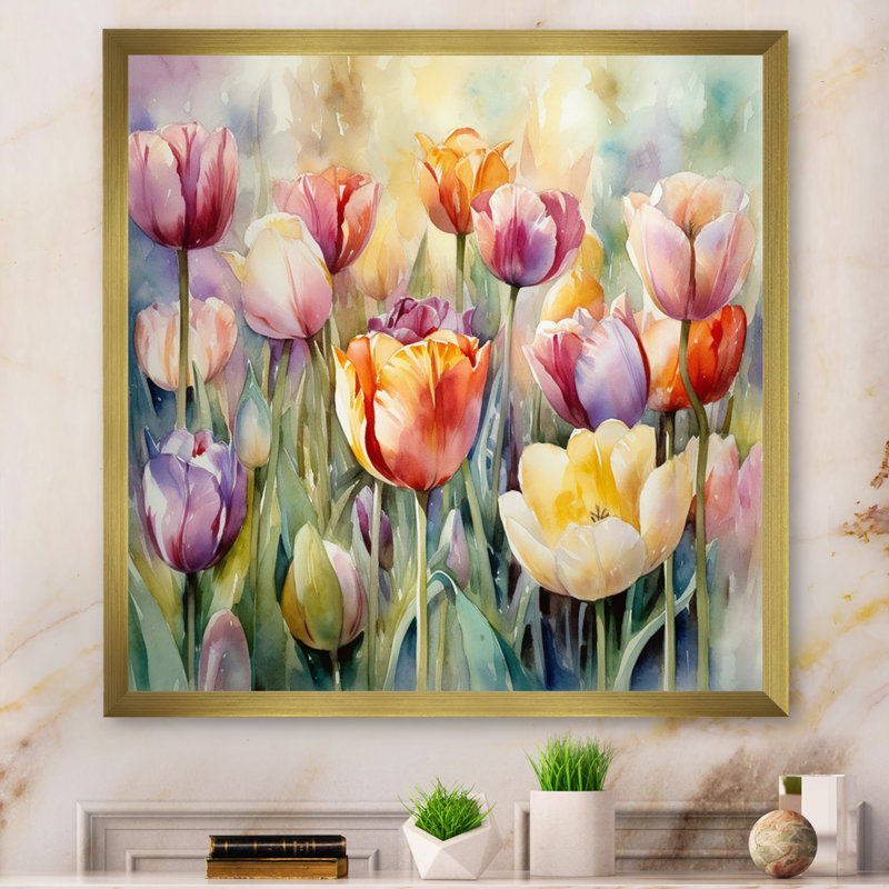 Jardin des tulipes - art mural sur toile tulipe, Encadrement doré, H 36 po x l 36 po x P 1,5 po