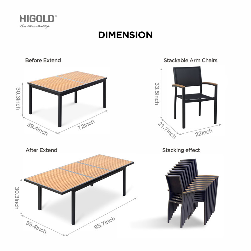 Heck Rectangular Outdoor Dining Set with Extension Teak Tabletop, 8, Dark Charcoal, 30.3" H x 95.7" W x 39.4" D