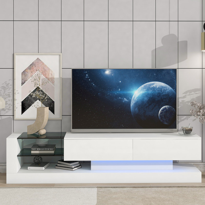Danni Modern TV Stand with 16-Color LED Lighting,Tempered Glass Shelves and Storage Cabinets, White
