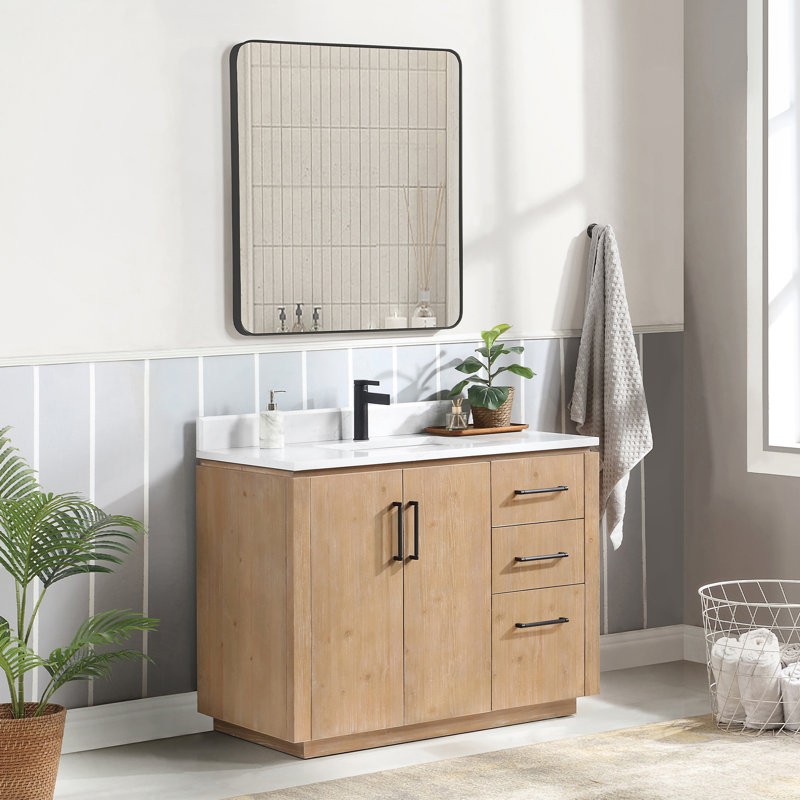 Meuble-lavabo simple 42 po avec plateau en pierre composite Cloverfield, Bois de sapin brun, Noir mat