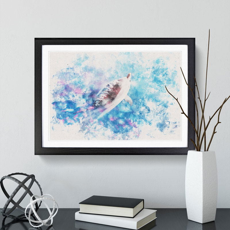Swimming Dolphin - Picture Frame Graphic Art Print, 33cm H x 45cm W x 2cm D, Black Framed