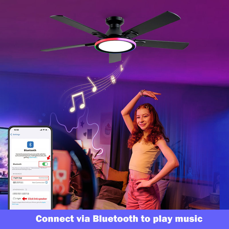  52-inch Extendable Smart Music Ceiling Fan Light Flush-Mount Installation, Bluetooth Speaker Full Spectrum Lighting Edge Ambient Lighting 6-Speed Adjustment Remote/App Dual Control