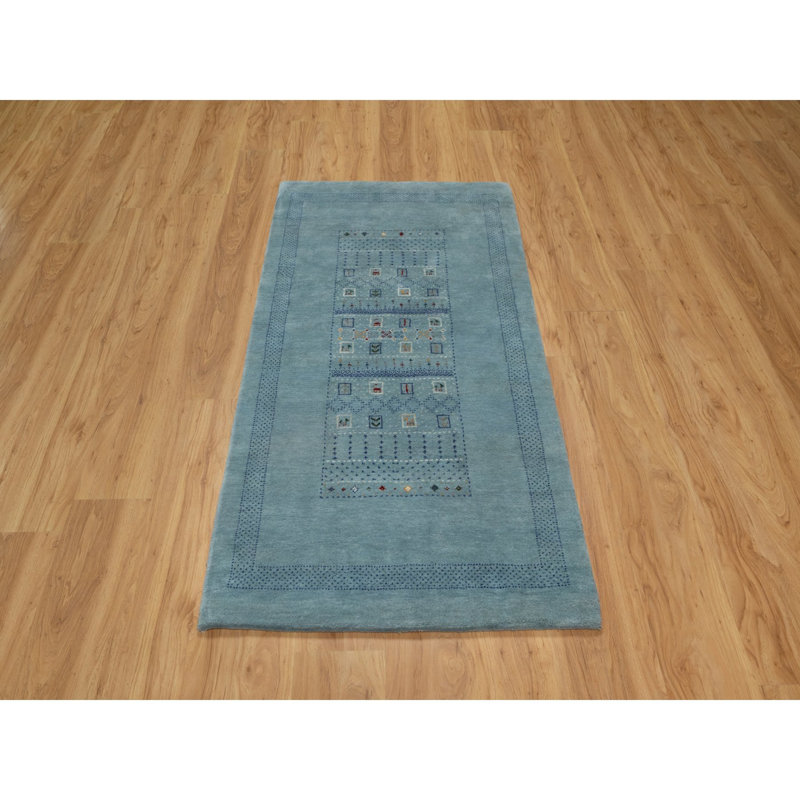 Tapis oriental 3 pi x 5 pi 4 po, bleu saphir, style moderne, Gabbeh de Lori Buft avec de petites figurines d'animaux, Ã©pais et moelleux, pure laine, nouÃ© Ã  la main