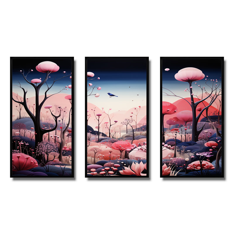 «Pink Fantasy Mushroom Forest I», art mural fantastique, H 28 po x l 36 po, Cadre flottant noir