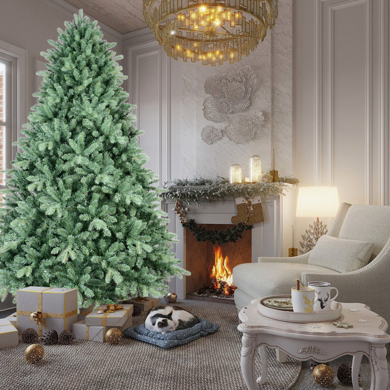 Arbre de Noël 9 pi avec motif de couleur bleue, 4368 pointes Pe +, branches articulées pour un assemblage rapide et sans effort, abat-jour de support stable, installation simple, support