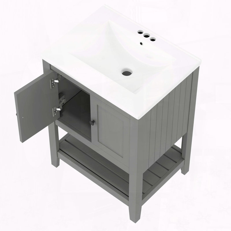 24" Solid Wood Bathroom Vanity with Sink, Cabinet and Open Shelf, Morandi Design, Gray