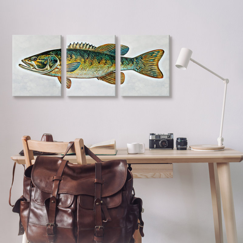 Lake House Bass Fish Wildlife 3 Piece Canvas Wall Art Set by Ashley Aldridge, 20" H x 48" W x 1.5" D, Wrapped Canvas