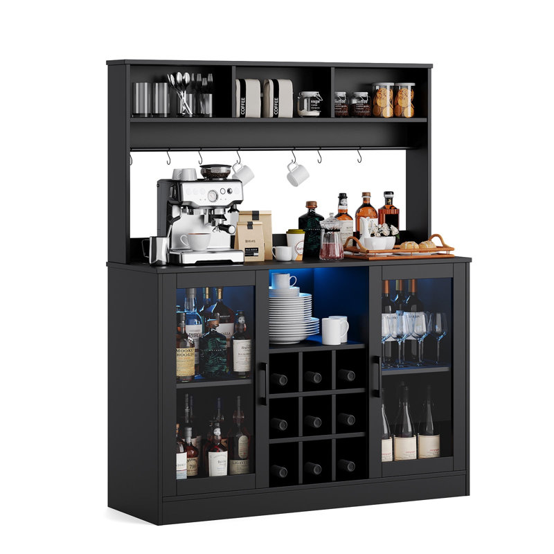 Wine Bar Cabinet,Liquor Cabinet with Led Light,Power Outlet,Buffet Sideboard with Storage Rack and 6 Hooks,Coffee Bar Cabinet for Liquor and Glasses