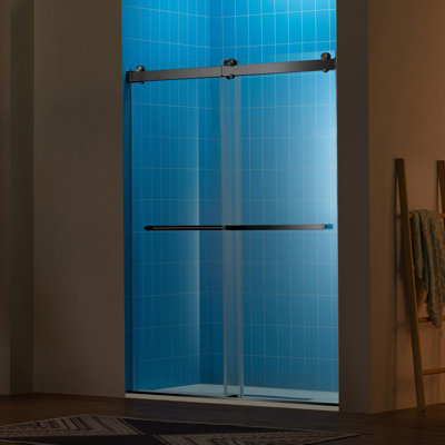 Porte de douche coulissante double sans cadre avec système de fermeture en douceur WOODBRIDGE, largeur de 56 à 60 po x hauteur de 80 po avec verre trempé transparent de 3/8 po (10 mm)
