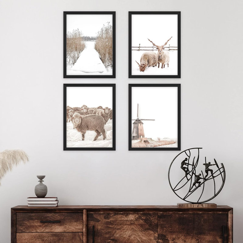 «Winter Country Farm», ensemble de 4 moulins à vent, décorations murales encadrées sur papier, impression 4 pièces, Naturel