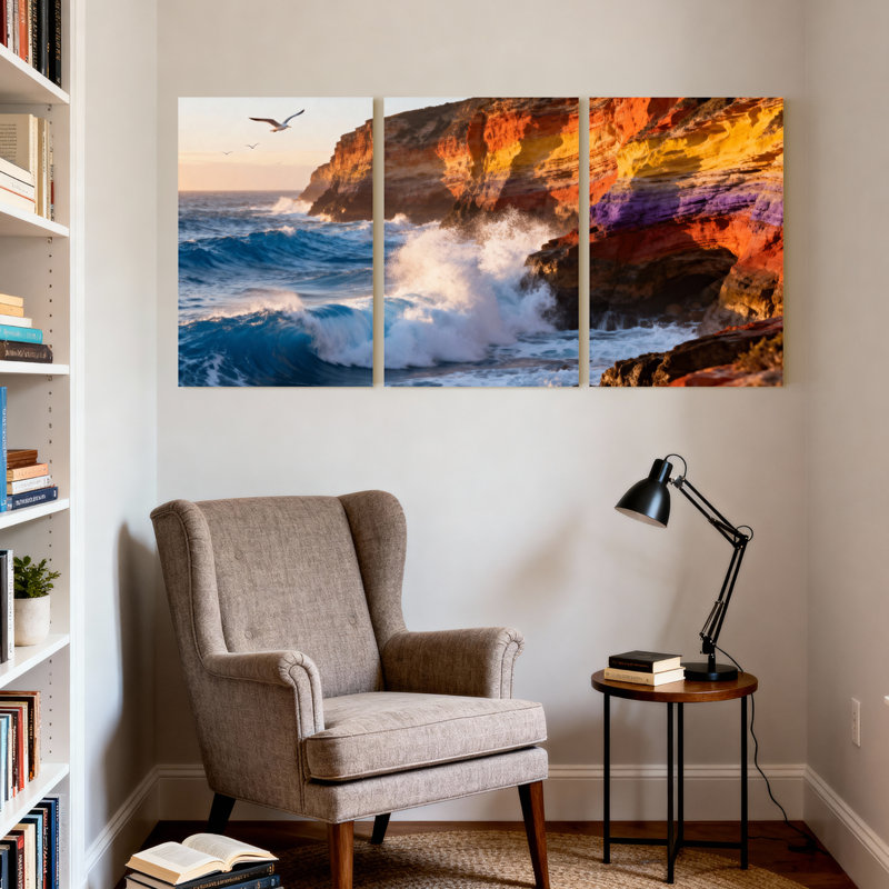 Ensemble de 3 impressions sur toile, "Scenic & Cityscapes Ocean Waves Crash Against Colorful Cliff", H 18 po x l 36 po